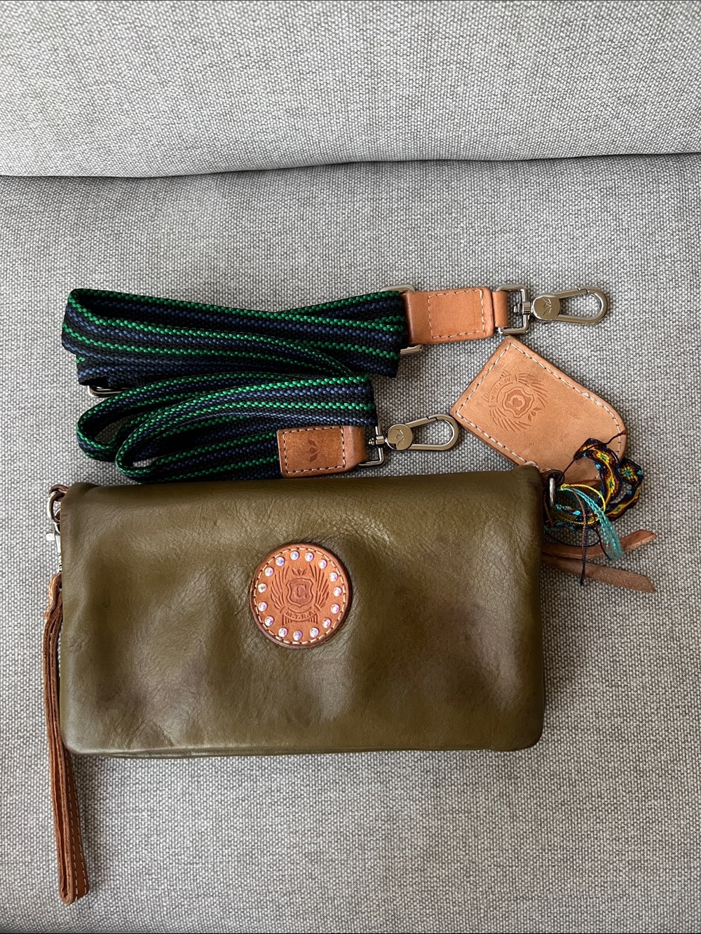 Consuela Ashley Uptown Olive Leather Wristlet/Crossbody with Tan Accents